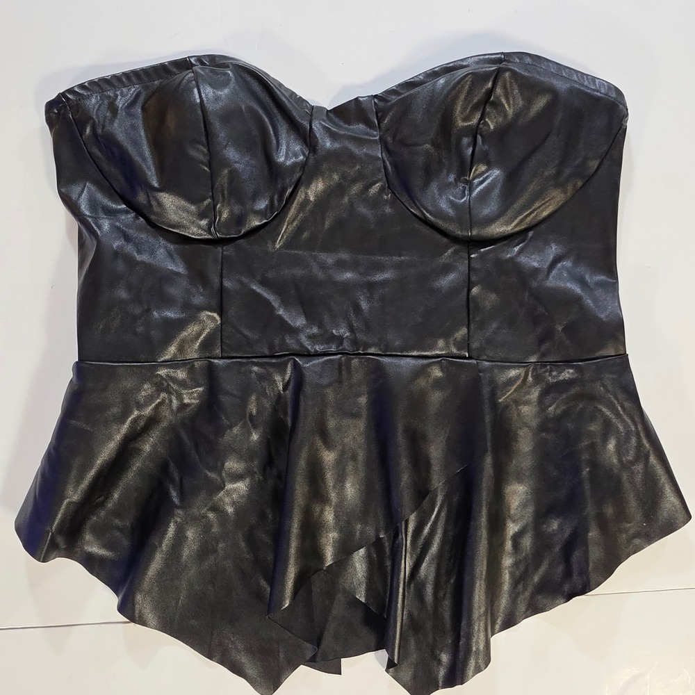 Venus Black Faux Leather Strapless Peplum Bustier Top Large Sweetheart Zip Back
